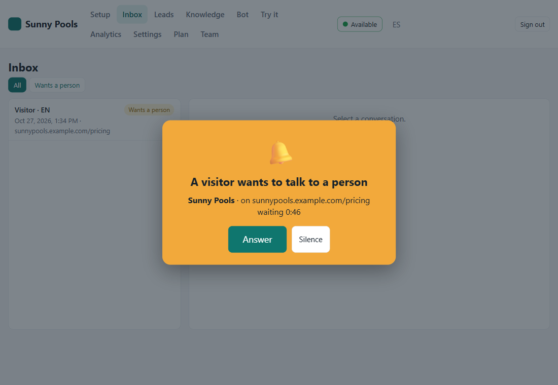 The Answer window: A visitor wants to talk to a person, waiting 0:46, Answer and Silence buttons