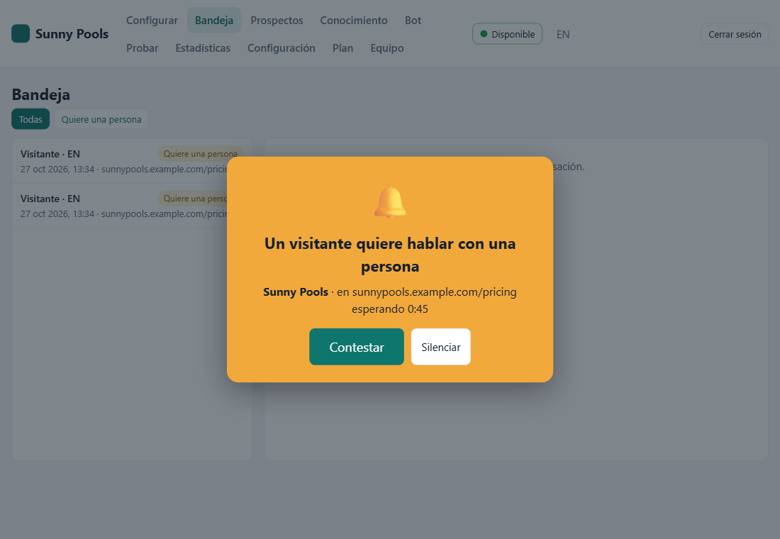 La ventana Contestar: Un visitante quiere hablar con una persona, esperando 0:45, botones Contestar y Silenciar