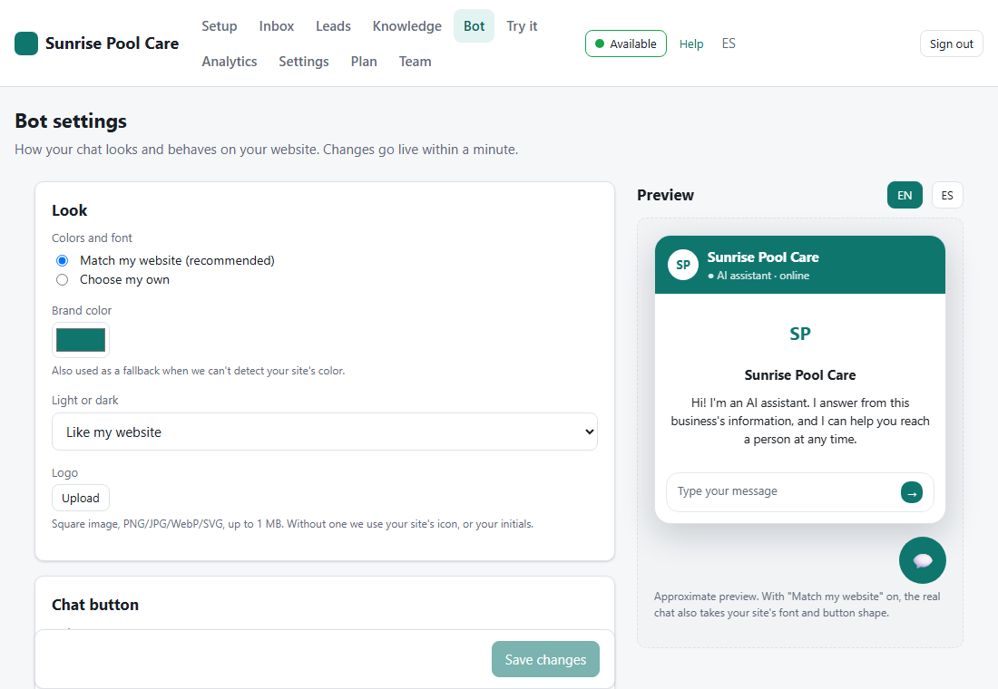 Bot settings: the Look section on the left and the chat Preview on the right