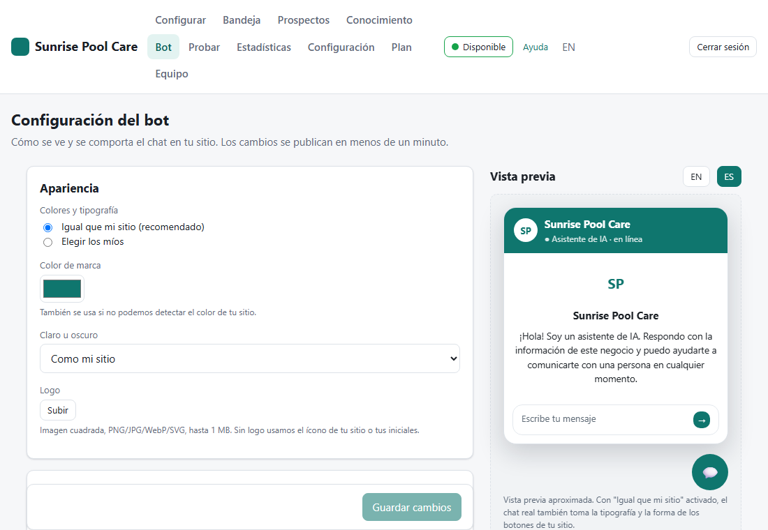 Ajustes del bot: la sección Apariencia a la izquierda y la Vista previa del chat a la derecha