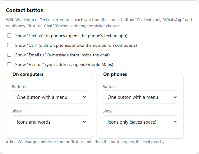 Contact button settings: Text us, Call, Email us, Visit us, and buttons and labels for computers and phones