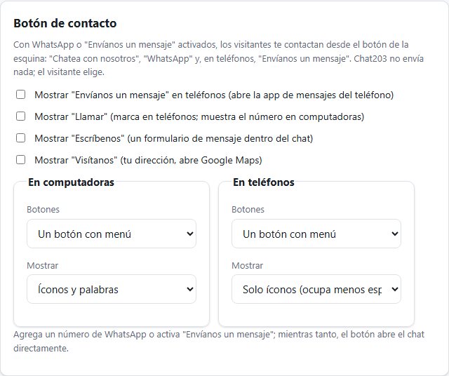 Ajustes del botón de contacto: Envíanos un mensaje, Llamar, Escríbenos, Visítanos, y botones y etiquetas para computadoras y teléfonos