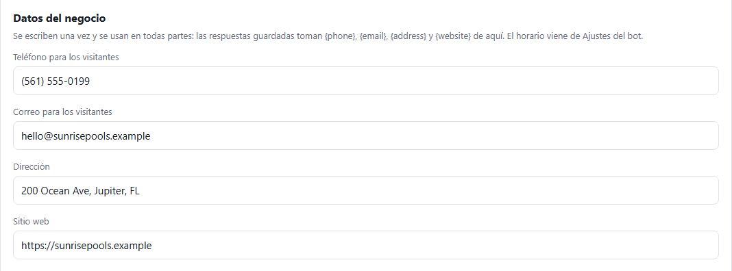 Datos del negocio: teléfono, correo, dirección y sitio web