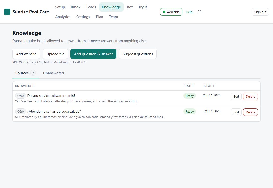 Knowledge page with Add website, Upload file, Add question and answer, Suggest questions, and two ready questions and answers