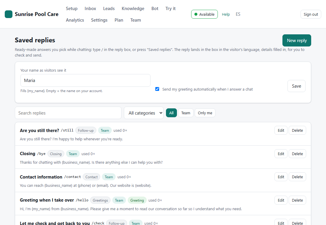 Saved replies page: your name, the automatic greeting switch, search, categories and the list of replies