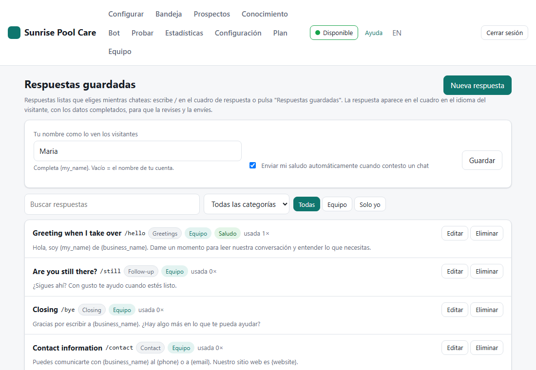 Página Respuestas guardadas: tu nombre, el interruptor del saludo automático, búsqueda, categorías y la lista de respuestas