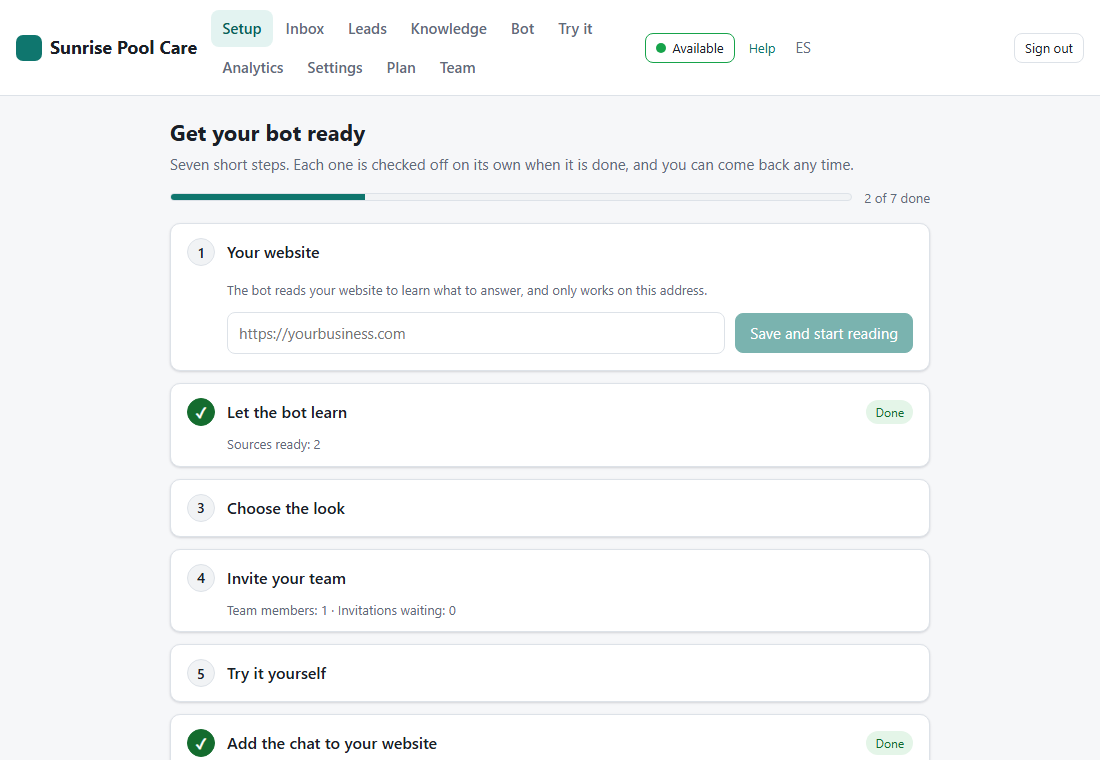 Setup page: Get your bot ready, with the steps Your website, Let the bot learn, Choose the look, Invite your team and Try it yourself